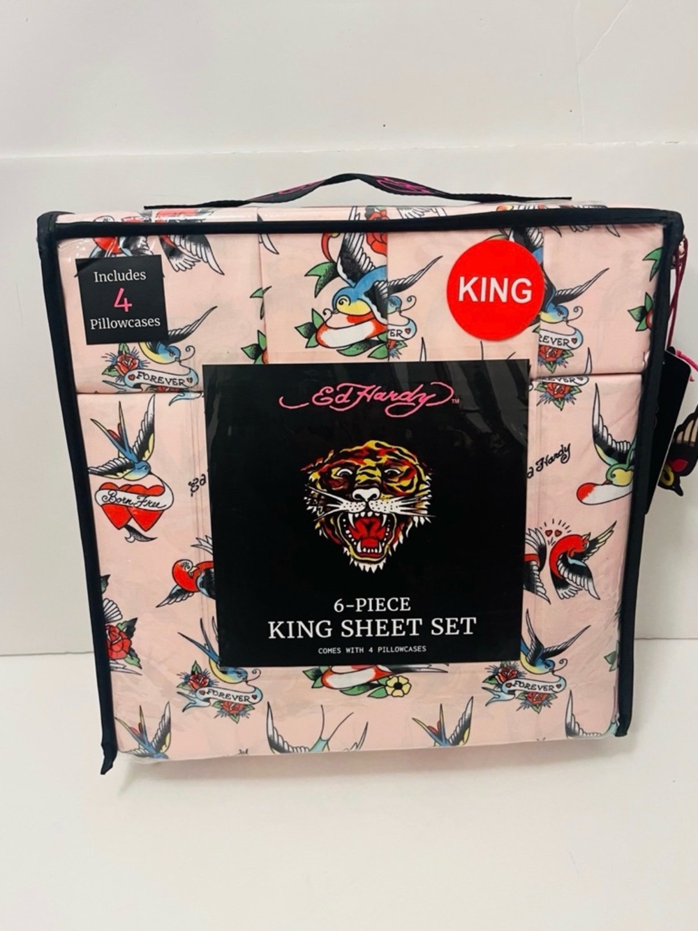 Ed Hardy King Size Pink 6 Piece Sheet Set Lovebirds Love Birds Born Free Forever